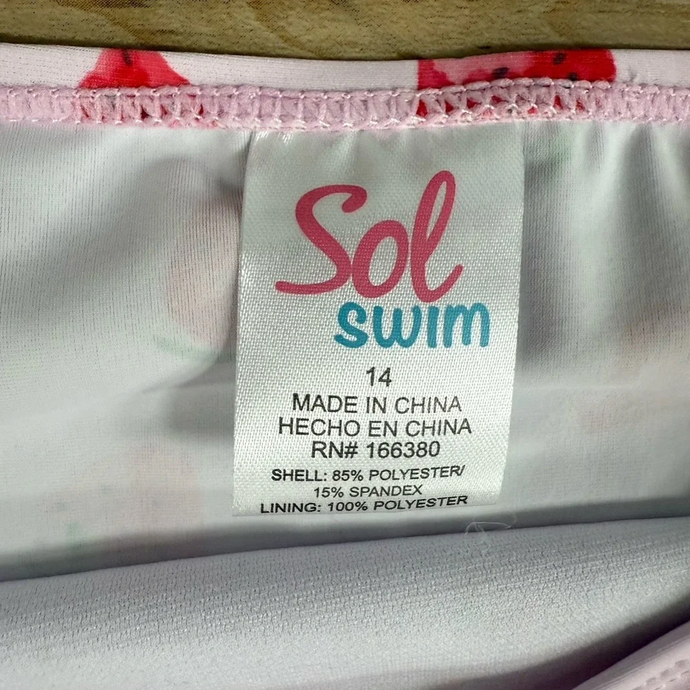 NWT Sol Swimsuit 2 Pc Rash Guard Set Girls Size 16 Top 14 Bottom Pink Strawberry